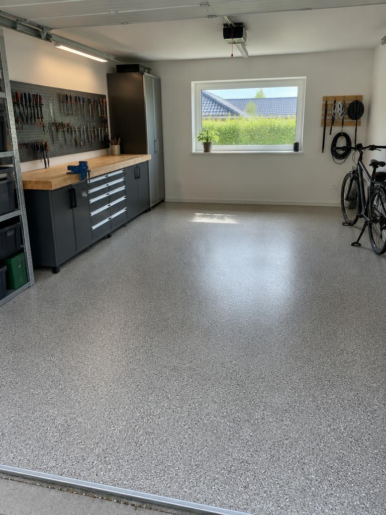 Lysegråt StoneCarpet-garagegulv med arbejdsbord