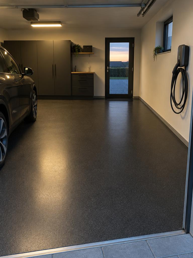 Sort StoneCarpet-garagegulv med elbilslader