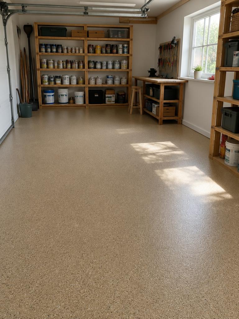 Sandfarvet StoneCarpet-garagegulv i værksted