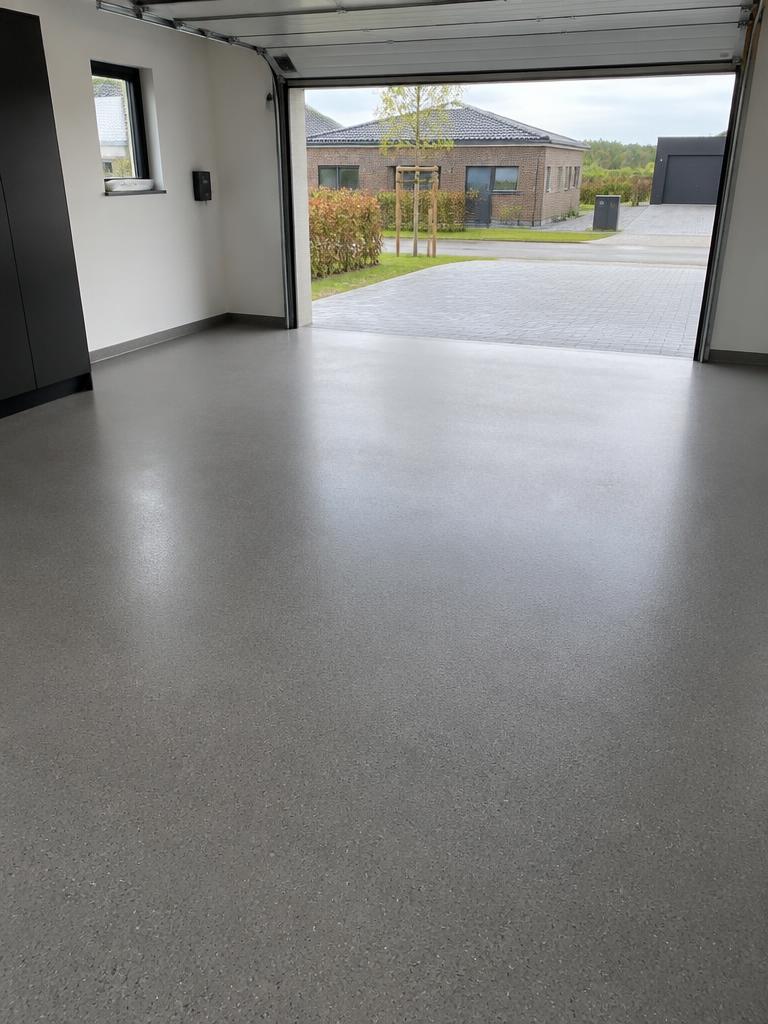 Gråt StoneCarpet-garagegulv med udsyn til indkørsel
