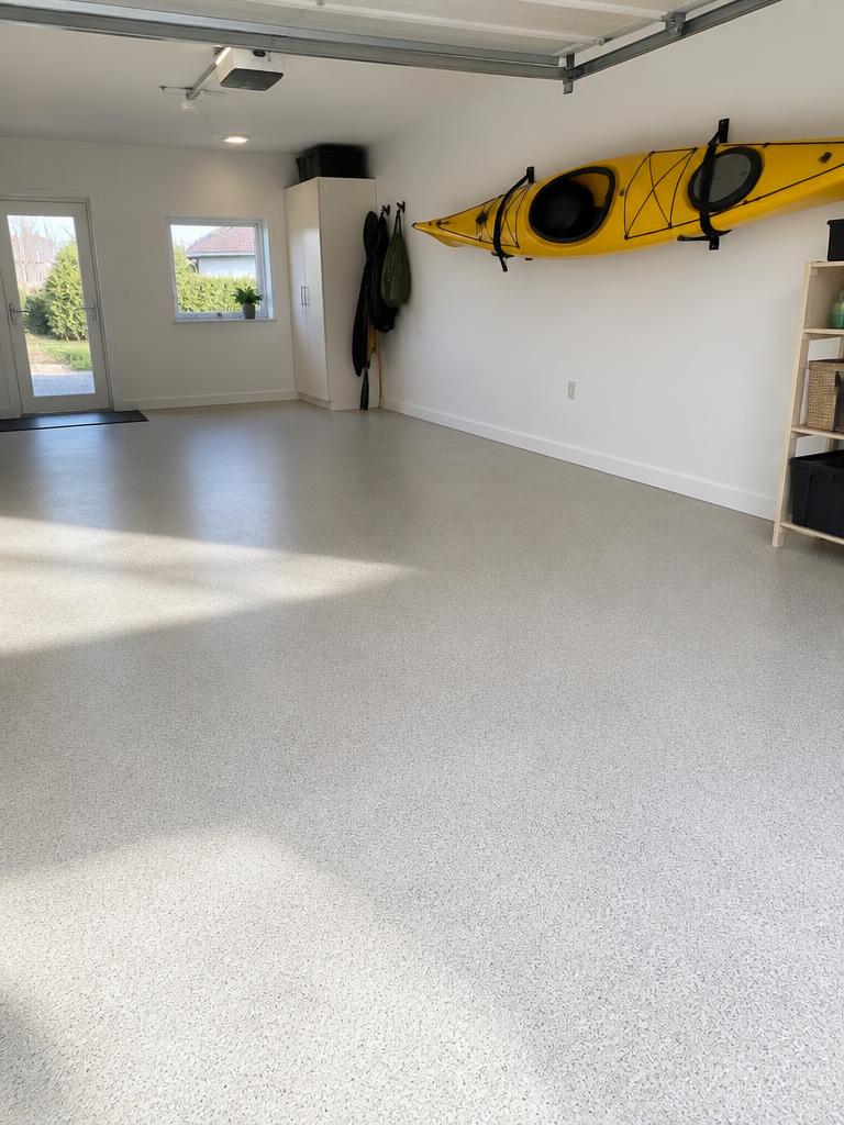 Hvidt StoneCarpet-garagegulv med kajak