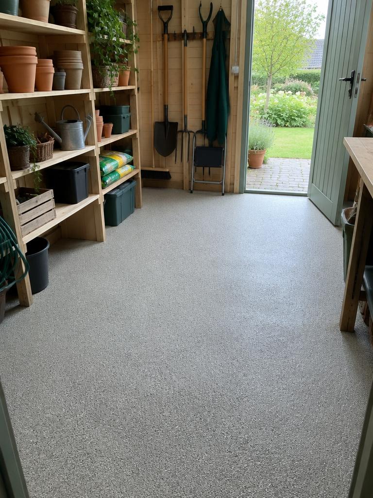 StoneCarpet-gulv i redskabsskur med udsyn til haven