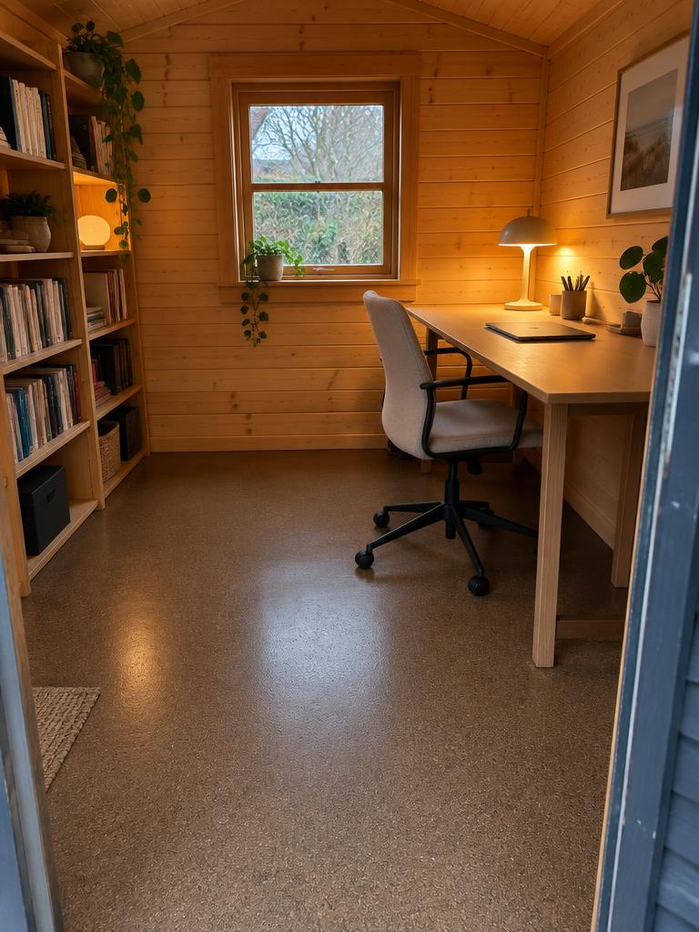 StoneCarpet-gulv i skur indrettet som kontor
