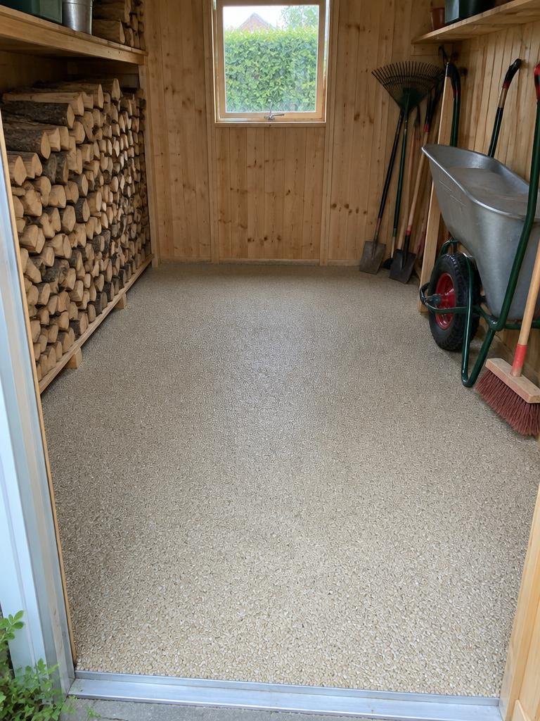 StoneCarpet-gulv i skur med brænde