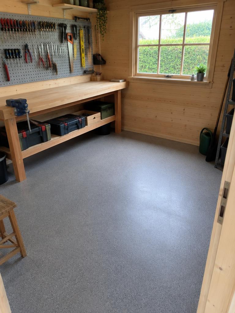 StoneCarpet-gulv i skur med værktøjsvæg