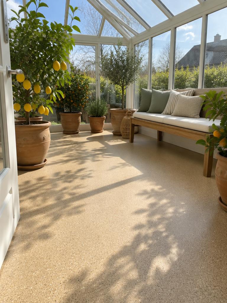 StoneCarpet-gulv i udestue med citrusplanter