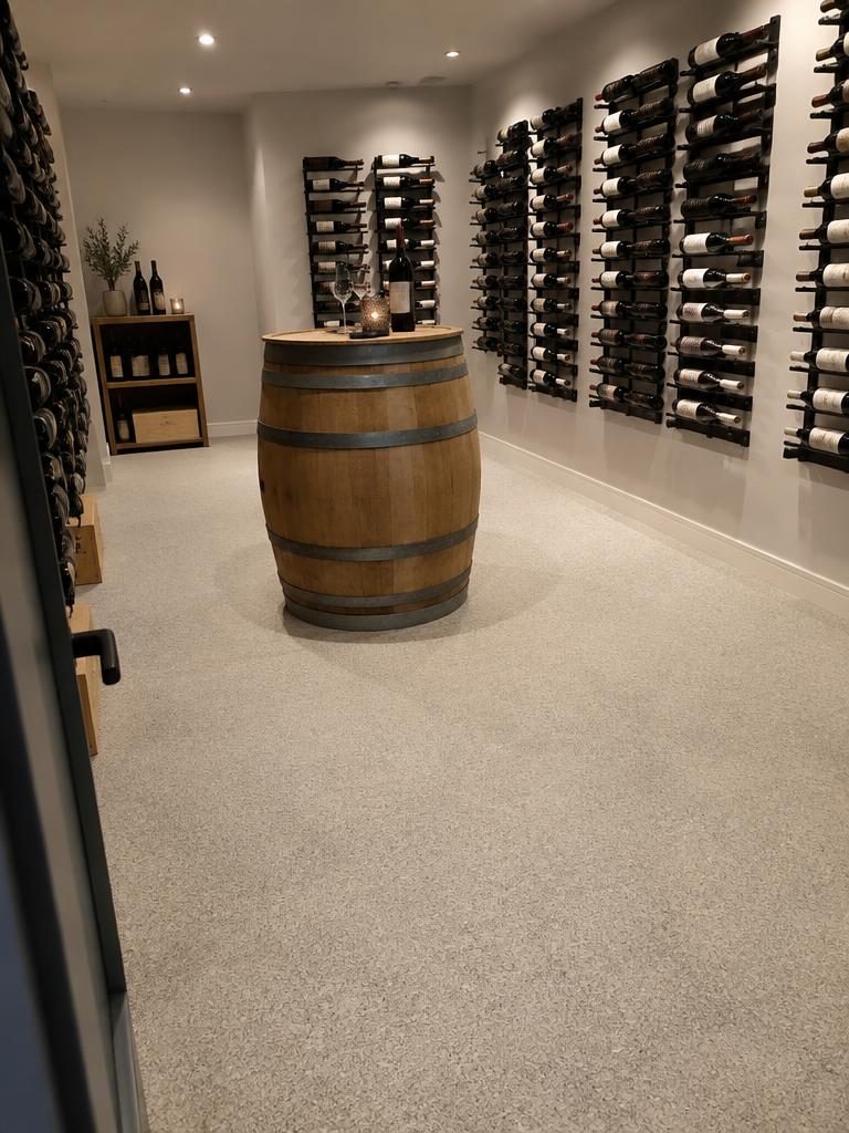 StoneCarpet-gulv i vinkælder med vinfad